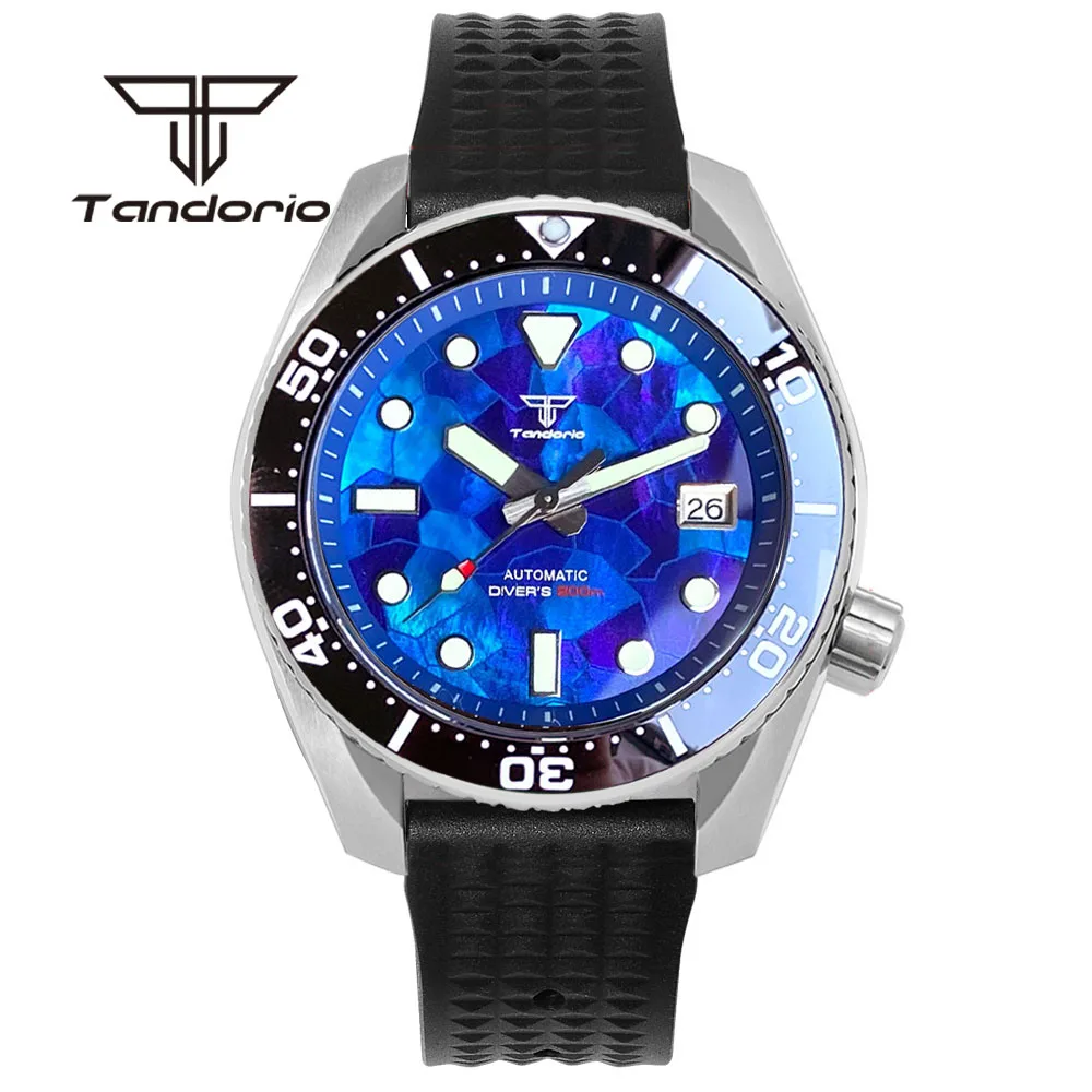 Tandorio NH35A Mother of Pearl Dial Date SBDX001 Model 42.5mm 20Bar Dive Men's Automatic Wristwatch Sapphire Crystal Rubber Band