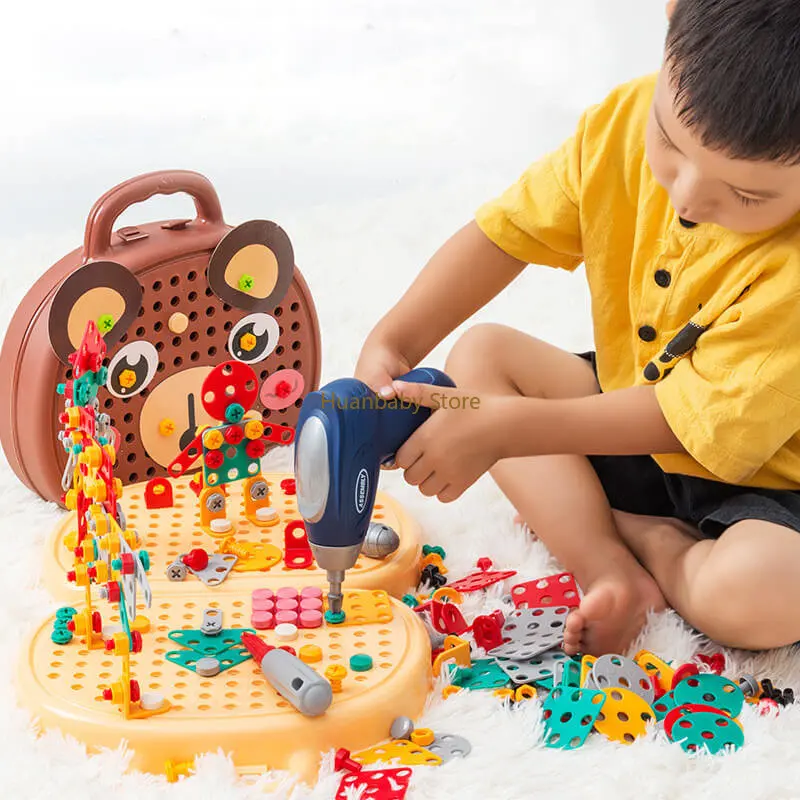 203 Pieces Children's Repair Toolbox Creative Mosaic Puzzle Toy With Electric Drill Screw Tool Set Kids DIY Learning Toys