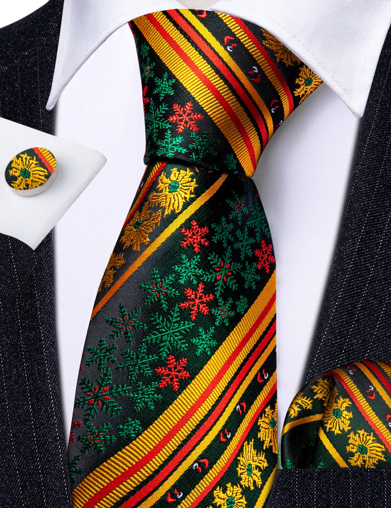 Barry.Wang Novelty Gold Necltie For Men Classic Silk Jacquard Stripe Tie Pocket Square Cufflinks Set Wedding Party Designer 6542