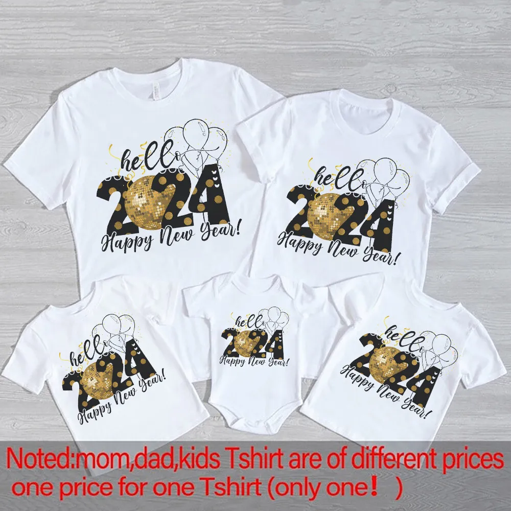 Hello 2024 Happy New Year Family Matching Outfits Dad Mom Kids Shirt Baby Bodysuit Family Clothes New Year Party Family Outfits
