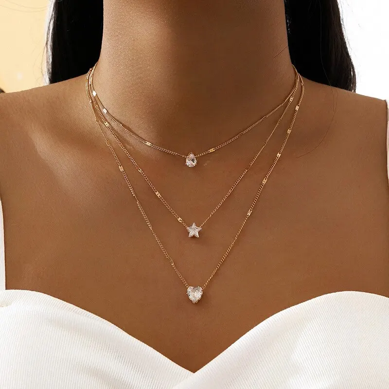 2025 3 Pcs new Gold-Color Simple Multilayered Pendant Necklace For Girls Women Star Heart Shaped Pendant Necklace Jewelry For Birthday Gi
