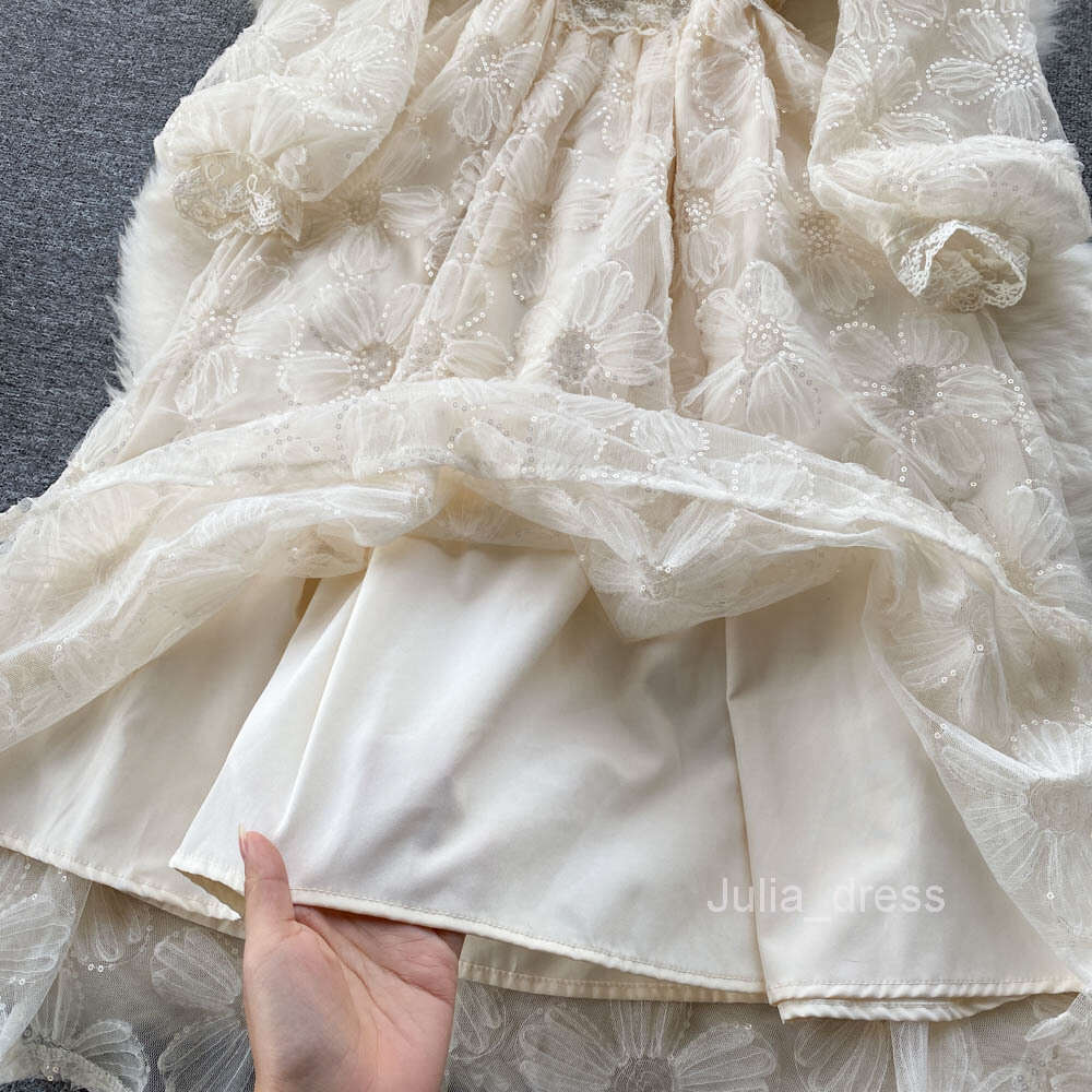 Lanjia- Gentle And Feminine Slim Waist Knee Length Long Sleeve First Love A-Line Skirt Elegant Temperament V-Neck Lace Dress A407e