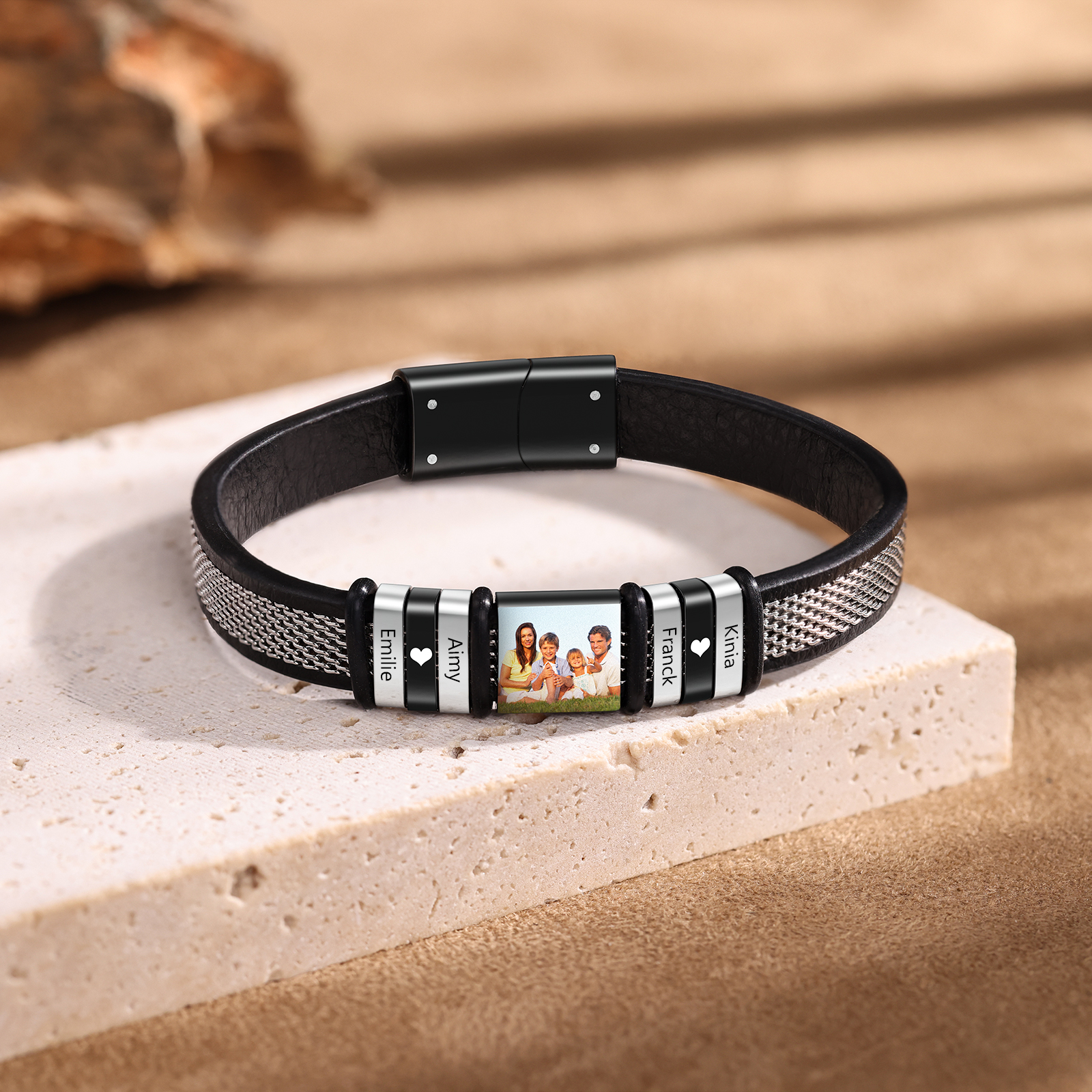 Personalize Men Photo Bracelets with Beads Family 1-4 Kids Child Names Charm Bangle Black Jewelry Gift for Father Dad Grandpa