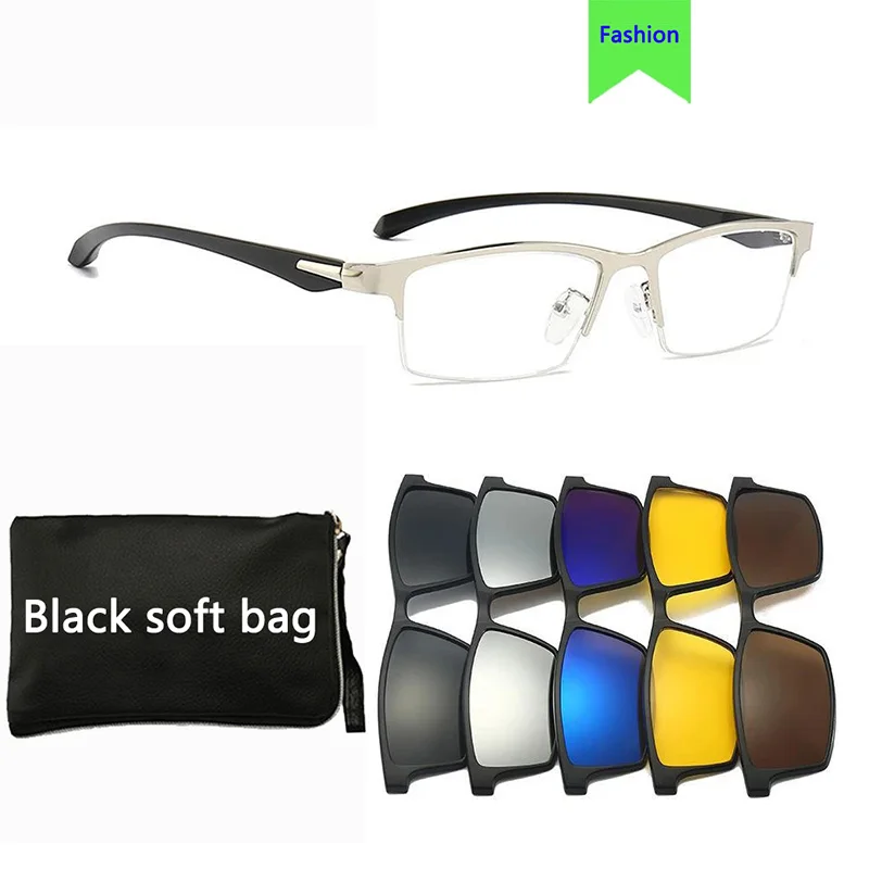 5 In 1 Rectangle Magnet Sunglasses Men Polarized Clip On Glasses for Men Half Metal Frame Male 0 Diopter Optic Myopia Eyewear
