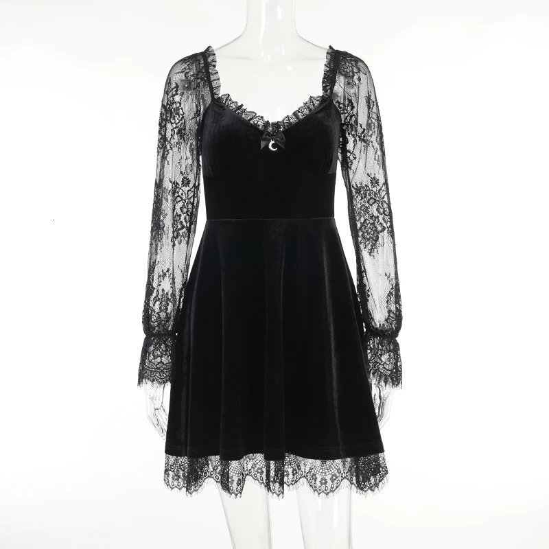 E-girlGrunge Gothic Black Mini Dress Lace Trim High Waist Bodycon Dress Y2K Women 90s Vintage Punk Harajuku Lolita Clothes 240518