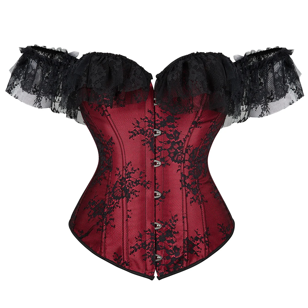 Corset for Women Tops Steampunk Gothic Off Shoulder Bustier Jacquard Overbust Corset Renaissance Corsets with Lace Short Sleeves smile