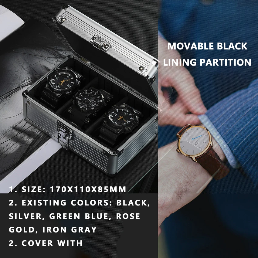 Practical 3 slot Watch Box Aluminum Alloy Watch Display Case Glass Top Watch case Watch Storage Box