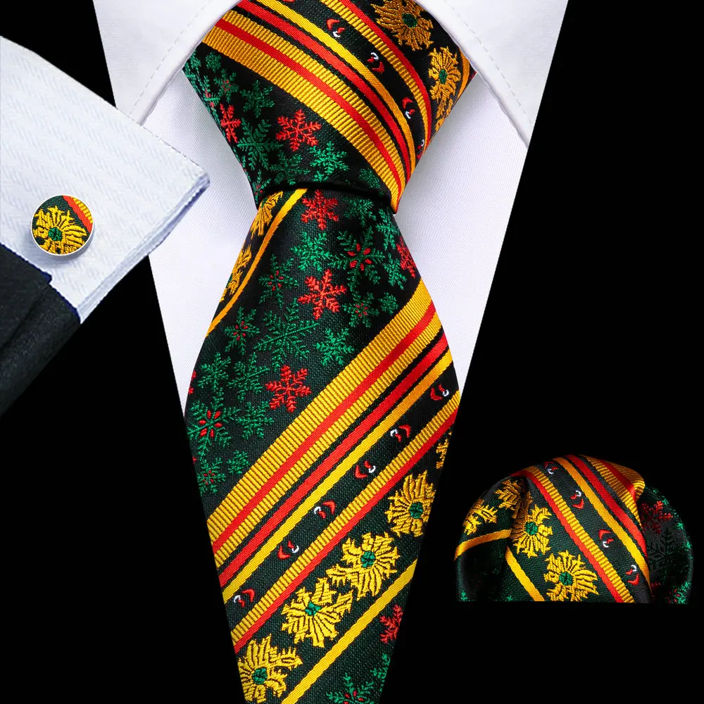 Barry.Wang Novelty Gold Necltie For Men Classic Silk Jacquard Stripe Tie Pocket Square Cufflinks Set Wedding Party Designer 6542