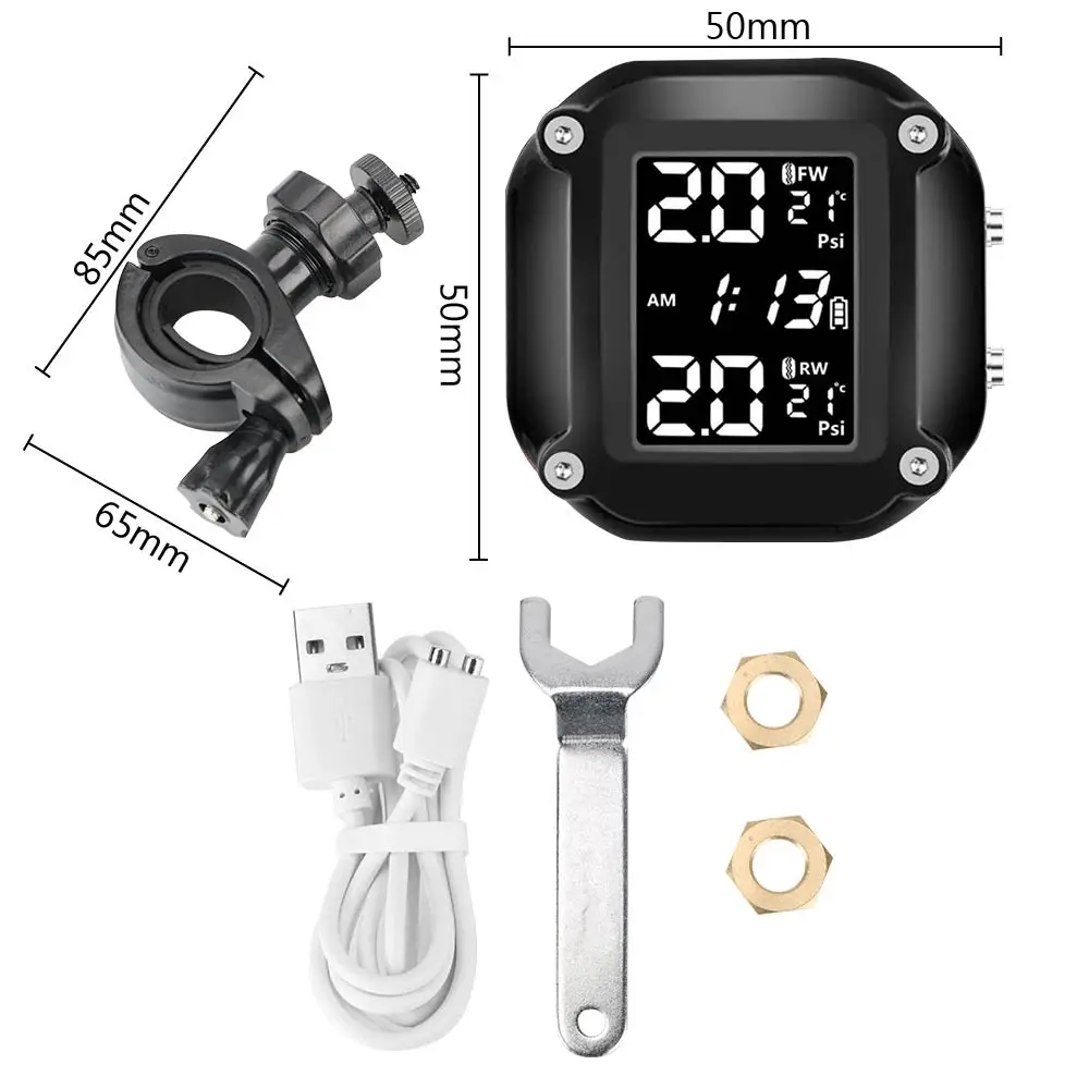 Motorcycle TPMS Sensor LCD Display Motor Tire Pressure Temperature Monitoring Alarm System With 2 External Sensors USB Charging