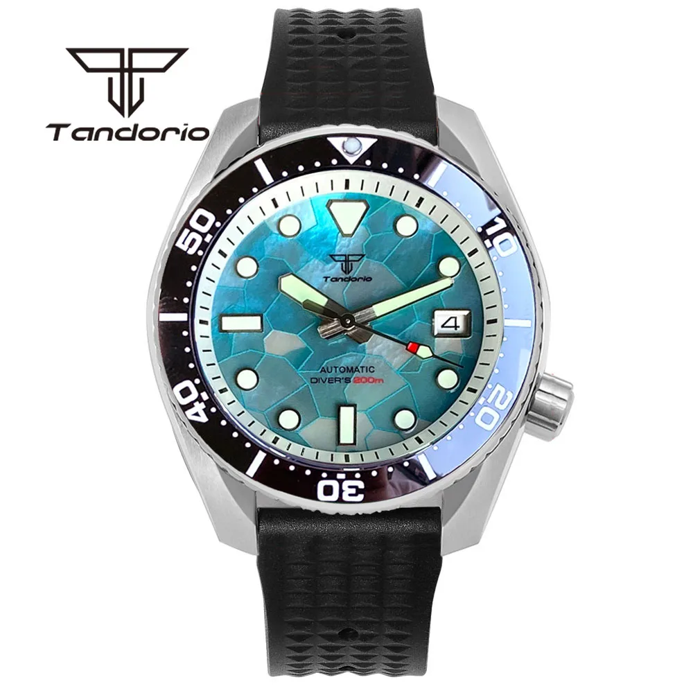 Tandorio NH35A Mother of Pearl Dial Date SBDX001 Model 42.5mm 20Bar Dive Men's Automatic Wristwatch Sapphire Crystal Rubber Band