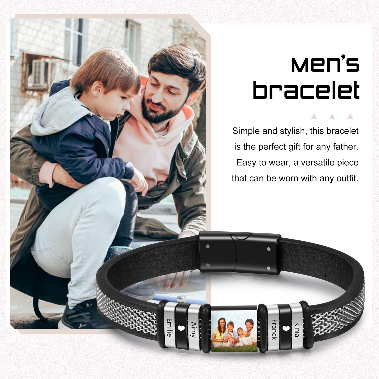 Personalize Men Photo Bracelets with Beads Family 1-4 Kids Child Names Charm Bangle Black Jewelry Gift for Father Dad Grandpa