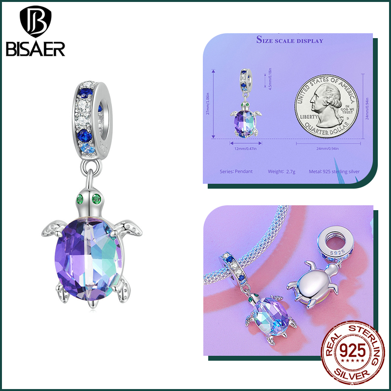 BISAER 925 Sterling Silver Dreamy Oecan Animals Charm Crab Bead Seahorse Turtle Pendant For Women DIY Bracelet Necklace Jewelry