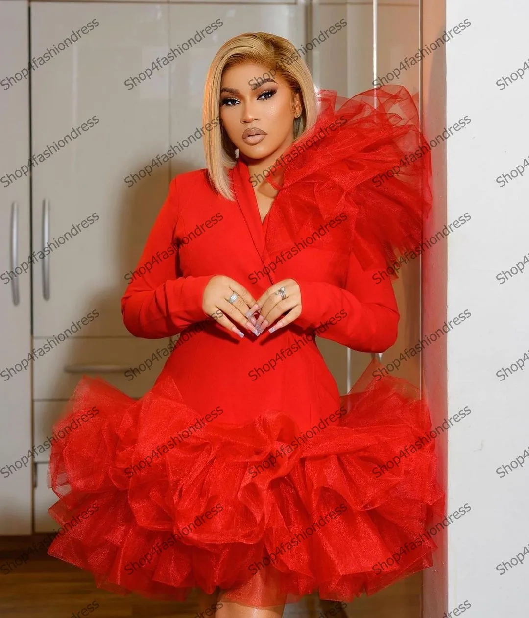 Pretty Red Mesh Prom Gowns Shoulder Flowers Short Aso Ebi Evening Party Dresses Elegant Full Sleeves Puffy Celebrity Dress