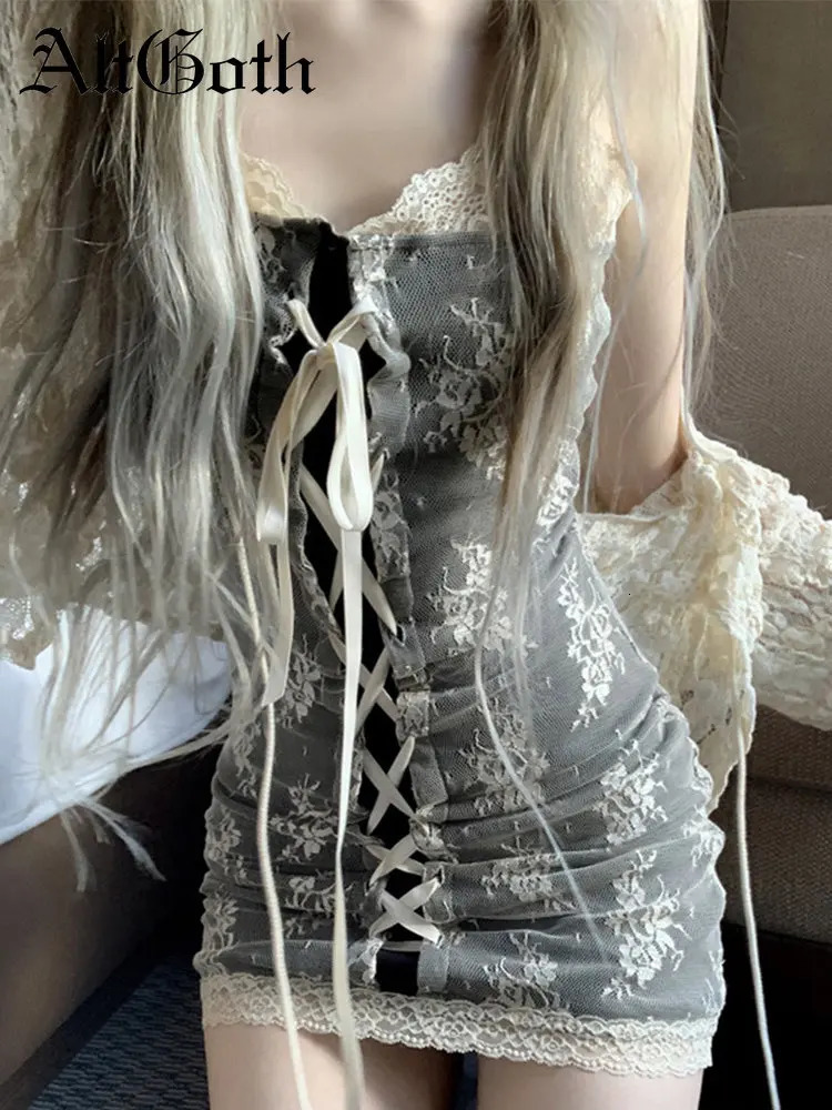 AltGoth Fairycore Elegant Lace Dress Women Pastel Goth Y2k Streetwear Spaghetti Strap Lace-up High Waist Corset Dress Partywear 240518