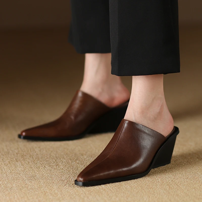 Women Mules Pointed Toe Thick new Heels Real Leather 2025 Cowhide Pumps European Mullers Women Slip On Outwear Wedge Slippers Size 42