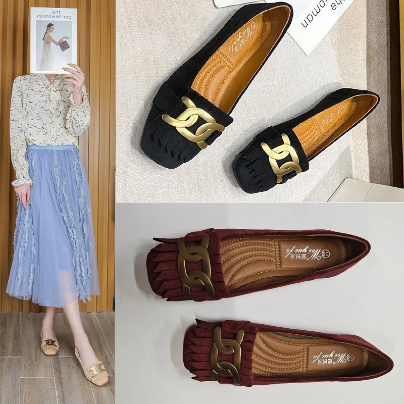 Flat Shoes Woman Retro Tassels Square Shallow Single Shoes for Women 2023 New Metal Buckle Flat Loafers Women Big Size 45 45 46