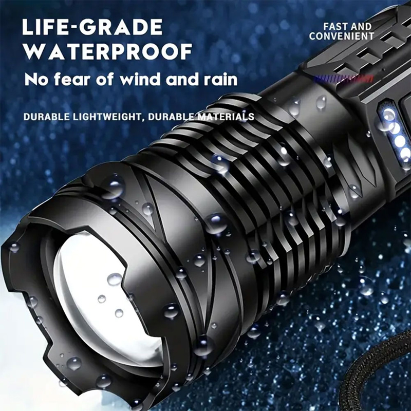 Rechargeable LED Flashlight Side Red Light Work Lamp Zoom Focus Torch With Power Display