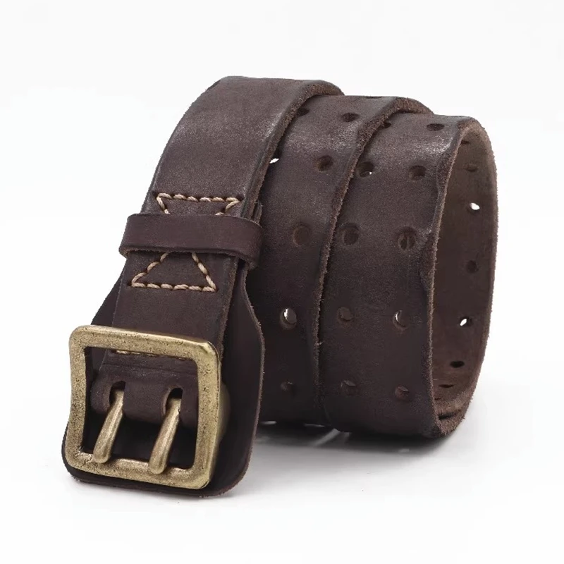 Original Handmade Double-needle Buckle Men's Belt Washed Water Made Old Macho Jeans Belt Genuine Leather y2k Army Tactical Belt