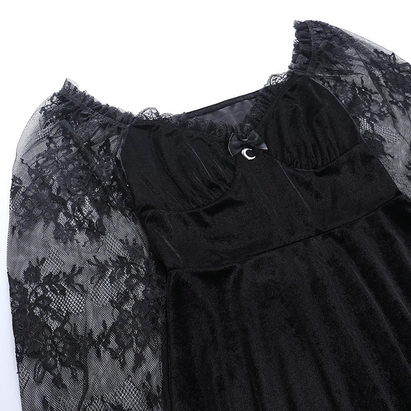 E-girlGrunge Gothic Black Mini Dress Lace Trim High Waist Bodycon Dress Y2K Women 90s Vintage Punk Harajuku Lolita Clothes 240518