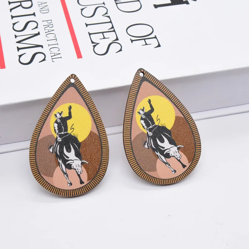 10pcs Sunset Cowboy Vintage Earring Wood Charms Artificial Wood Horse Riding Art Pendant For Eardrop Keychain Diy Jewelry Make