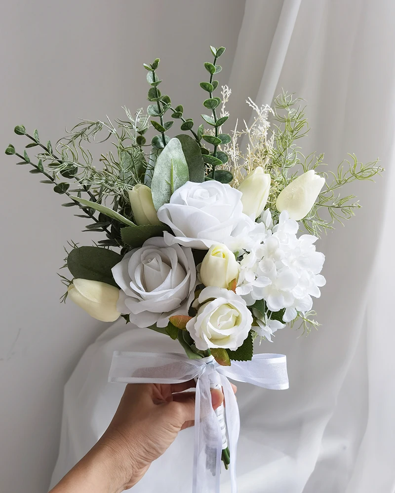 Artificial Wedding Flower Silk Rose Green Eucalyptus Leaves Bridal Bouquet Fake Flower for Wedding Table Party Bridesmaid