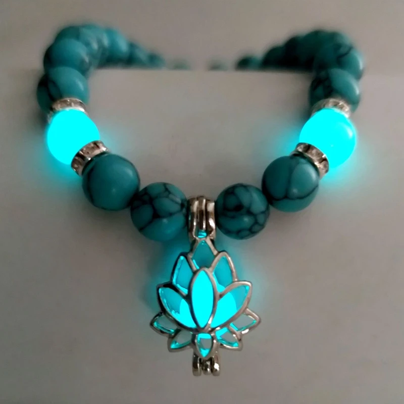 Natural Stone Bracelet Yoga Healing Luminous Glow In The Dark Bracelet Lotus Charm Beads Bracelet for Men Women Prayer Buddhism
