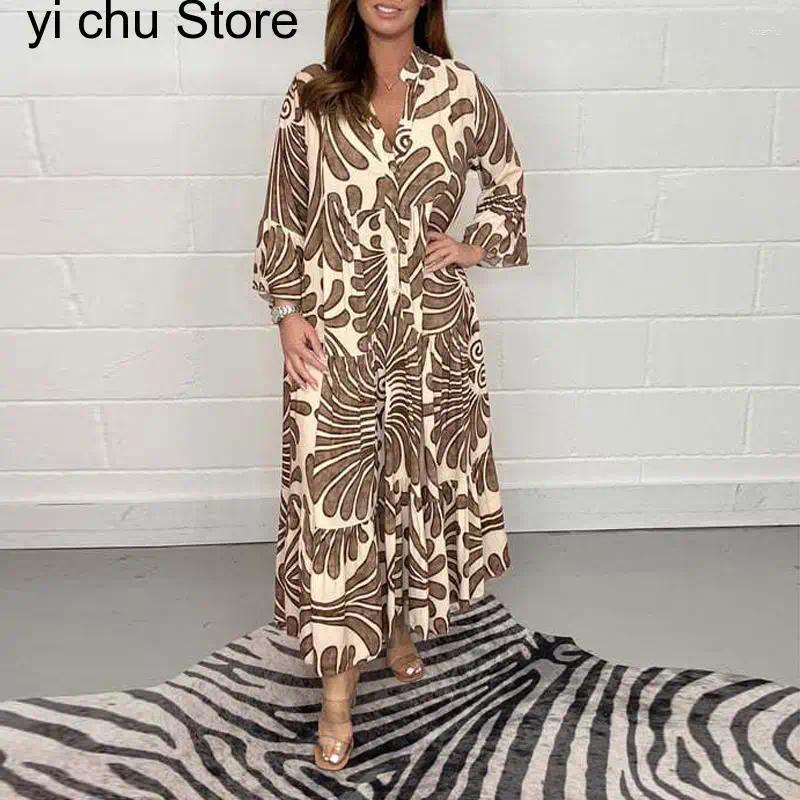 Casual Dresses Summer V Neck 3/4 Sleeve Print Party Dress Fashion Women Office Elegant Single Breasted Geometry Pattern