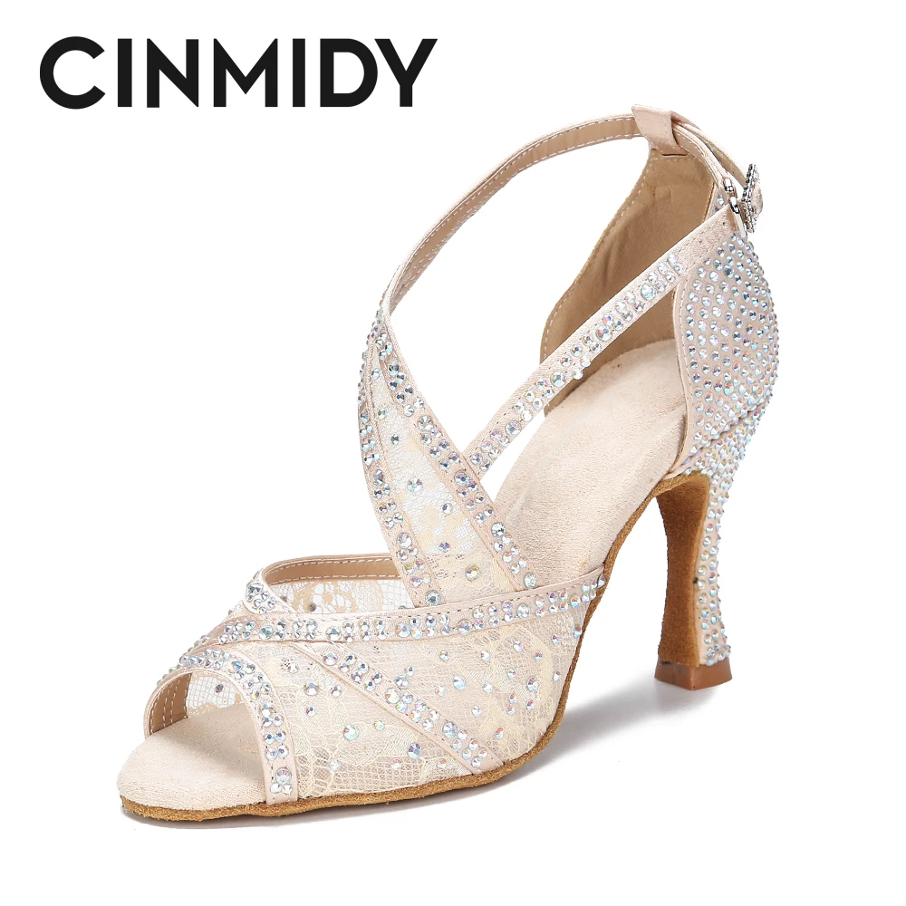 CINMIDY Red Sole Latin Dance Shoes For Women Tango Ballroom Dance Shoes Cuban Heel Rhinestone new Wedding Shoes 2025 Women's Sandals