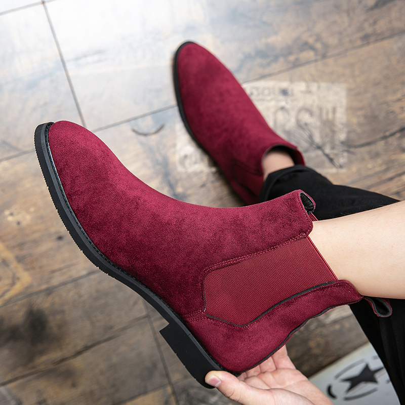 38~48 Mens Suede Leather Classic Red Black Designer Business Casual British Style Male Slip-On Fashion Ankle Boots 44b2