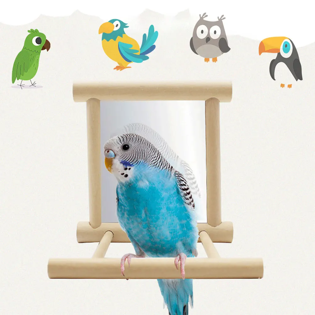 Parrots Mirror Wooden Playstand Bird Perches Playgym Paw Grinding Wood Standing Bar Rack for Parakeet Cockatiel Bird Supplies