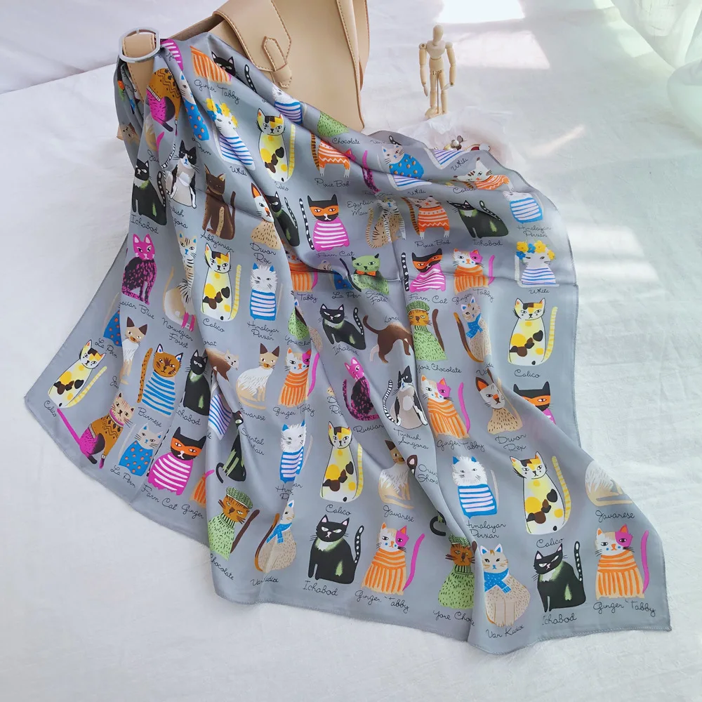 Spring and summer NEW 90x90cm 2025 Brand Silk Square Scarf Women new Tie Hairband Cat printed Scarves Female Foulard scarf stores