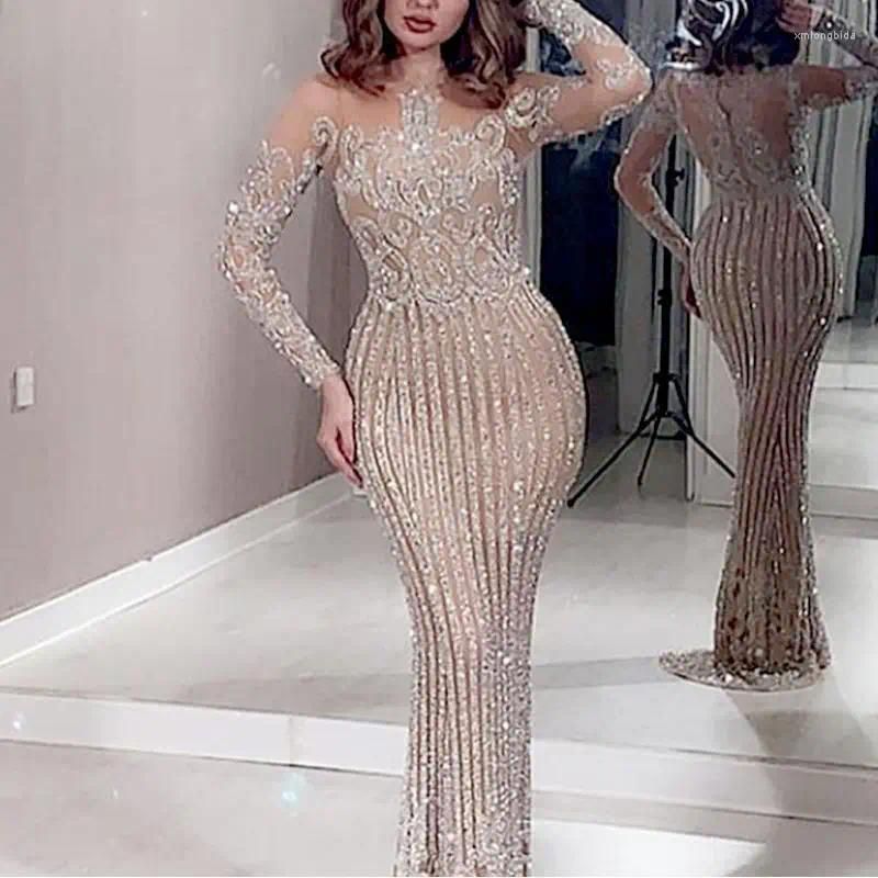 Basic Casual Dresses 2023 Woman Vintage Formal Dress Y O-Neck Sequins Gowns Hollow Long Sleeve Applique Elegant Mermaid Clubwear Eveni Dhocn