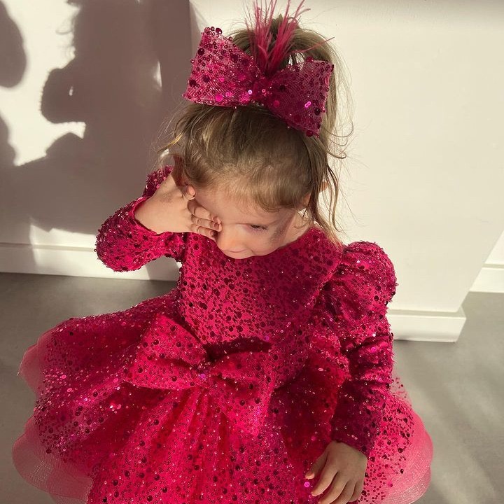 long sleeves Toddler Flower Girls Dresses For Weddings 2024 red sequined Girl Birthday Party Dress Ball Gown Little Girls Pageant Wear Princess Kids p
