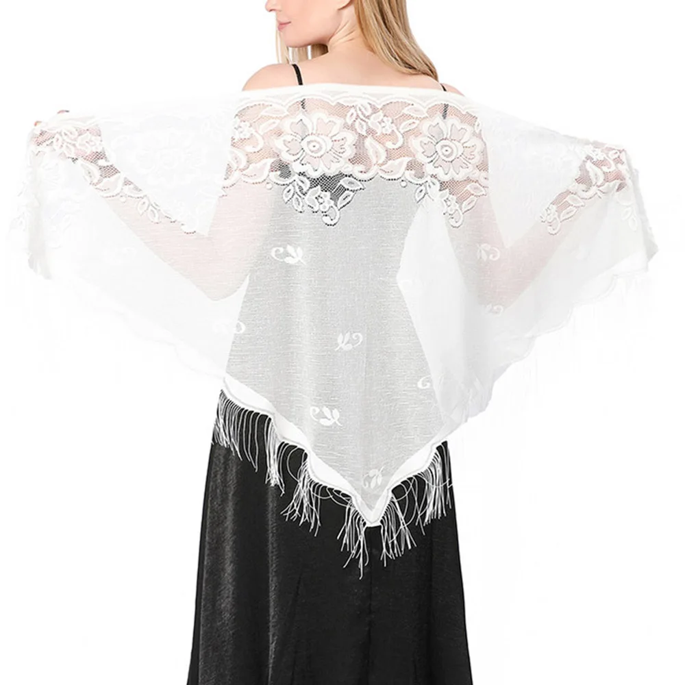 Lace Tassels Triangle Scarf Sheer Hollow Out Breathable Scarves Long Fringe Muslim Hijabs Evening Party Shawl Elegant Shawl