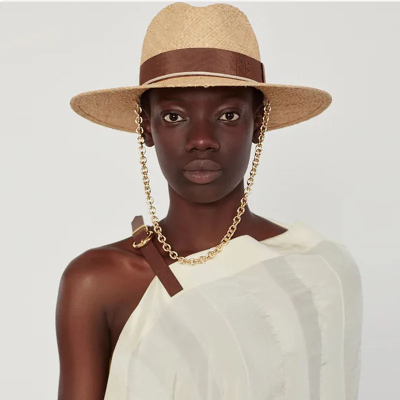Chain Strap Straw Fedora Hat Embellished Beach Hats with Chain For Women Straw Woven Sun Hats Summer Holidaty Panama Hat