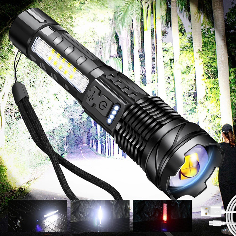 Rechargeable LED Flashlight Side Red Light Work Lamp Zoom Focus Torch With Power Display