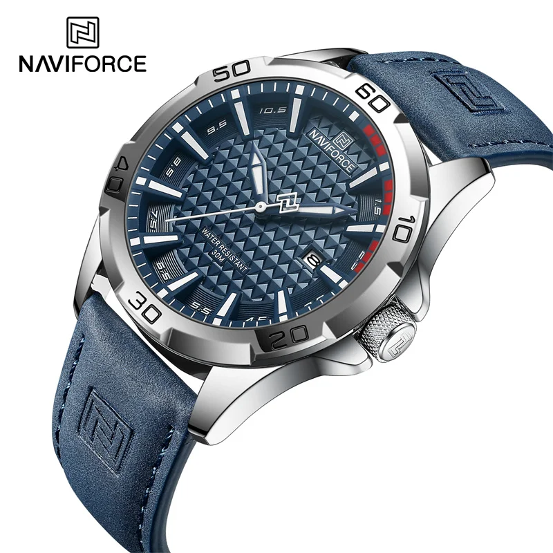 NAVIFORCE Men Wristwatch Top Brand Luxury Waterproof Watch Blue Genuine Leather Sport Military Quartz Original Male Clock 8023
