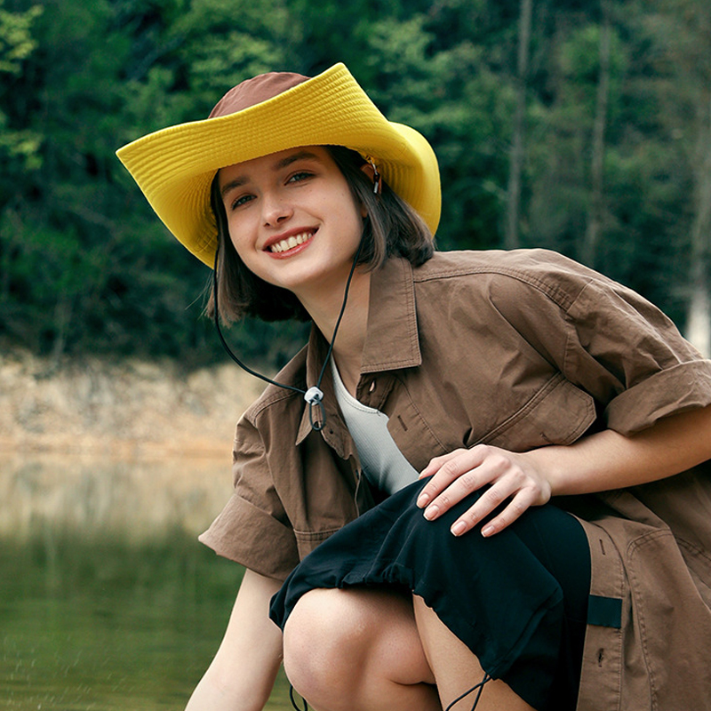 Summer 12cm Large Brim Sun Hat for Women Men Color Blocking Design Outdoor Waterproof Hiking Fishing Cap Foldable Bucket Hat