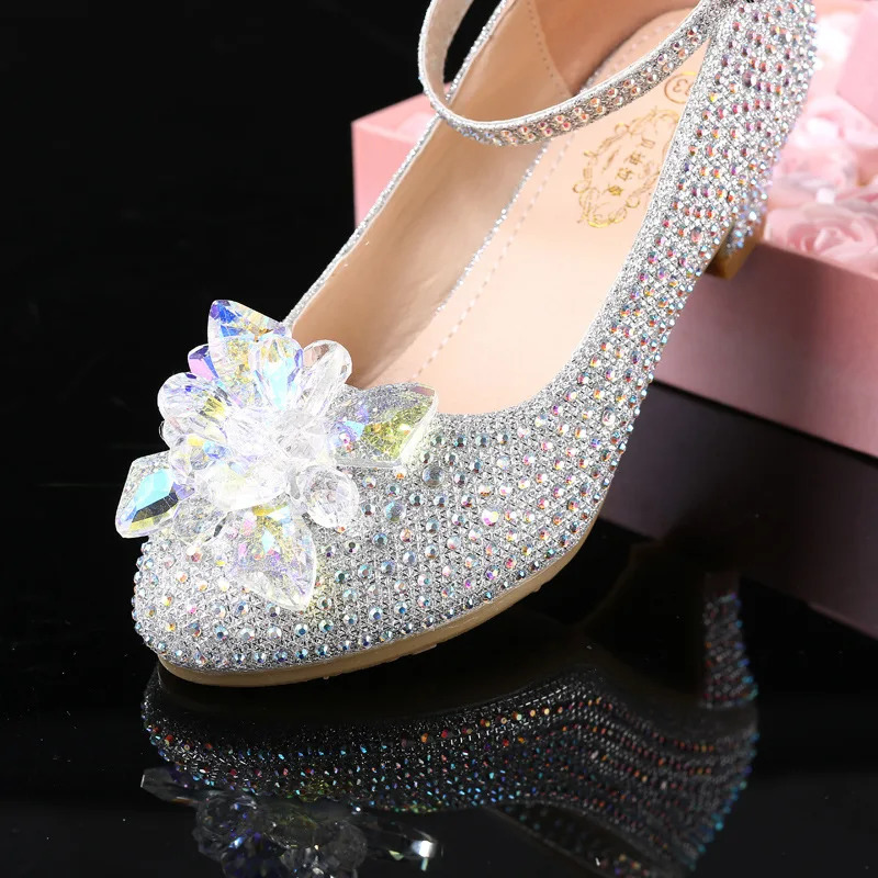 Princess Girls Party Shoes Childrens Sandals Sequin High Heels Diamond Girls Sandals Peep Toe Crystal Childrens Dress Shoes 240516