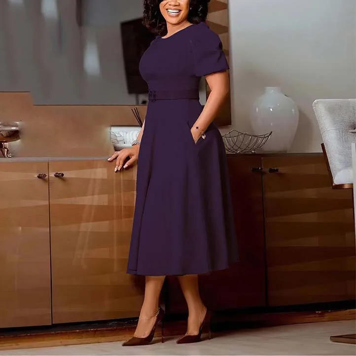 Elegant Office Dress for Women Professional O Neck Short Sleeve Belt Waisted A Line Mid Calf Formal Business Work Dress Midi 240518