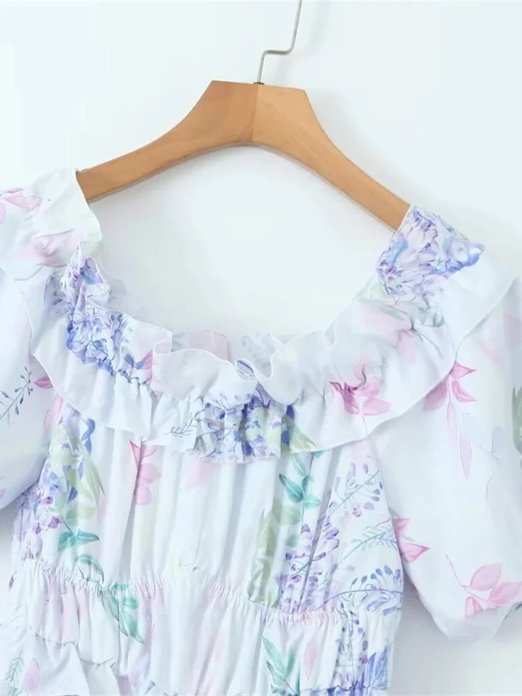 ZABA Ladies Casual Fashion Chiffon Floral Dress Short Sleeve Fairy Sweet Long Elegant Vintage French One Shoulder Dresses 240518