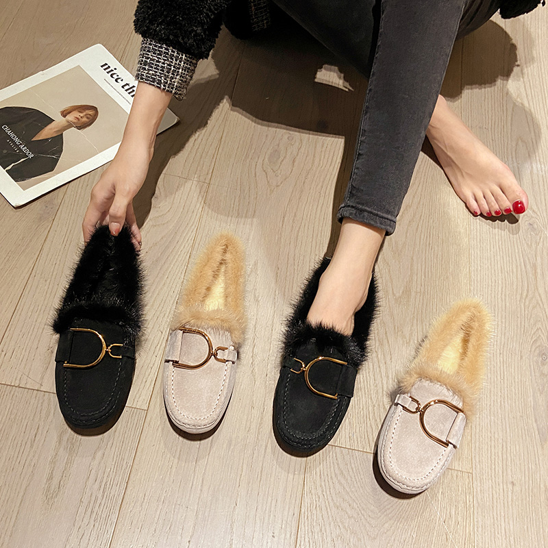 Mocasines Fur Brand b28d7 Woman 2023 Winter Cotton Shoes Ladies Warm Slip On Walking Flats Furry Loafers Pigskin Leather Boots ry