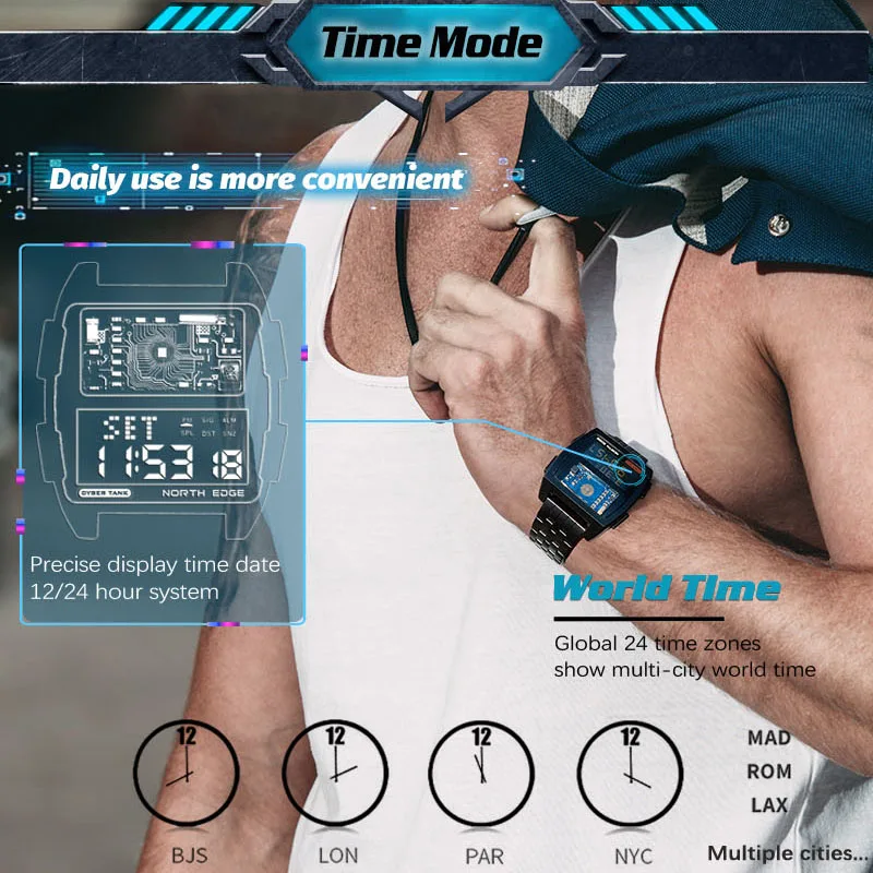 NORTH EDGE 2022 Men's Digital Watch new Retro Industrial Metal Style Waterproof 50M 2025 Sport Watches For Men World Time reloj de hombre