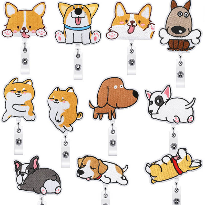 Candy 2025 Color Embroidery Patch Corgi Dog Badge Reel Retractable ID Badge Holder With 360 Rotating Alligator new Clip Name Holder
