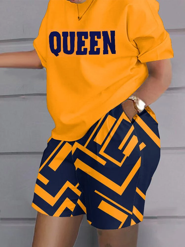 Plus Size Faith Geometric Print Casual Top & 2025 new Shorts Set