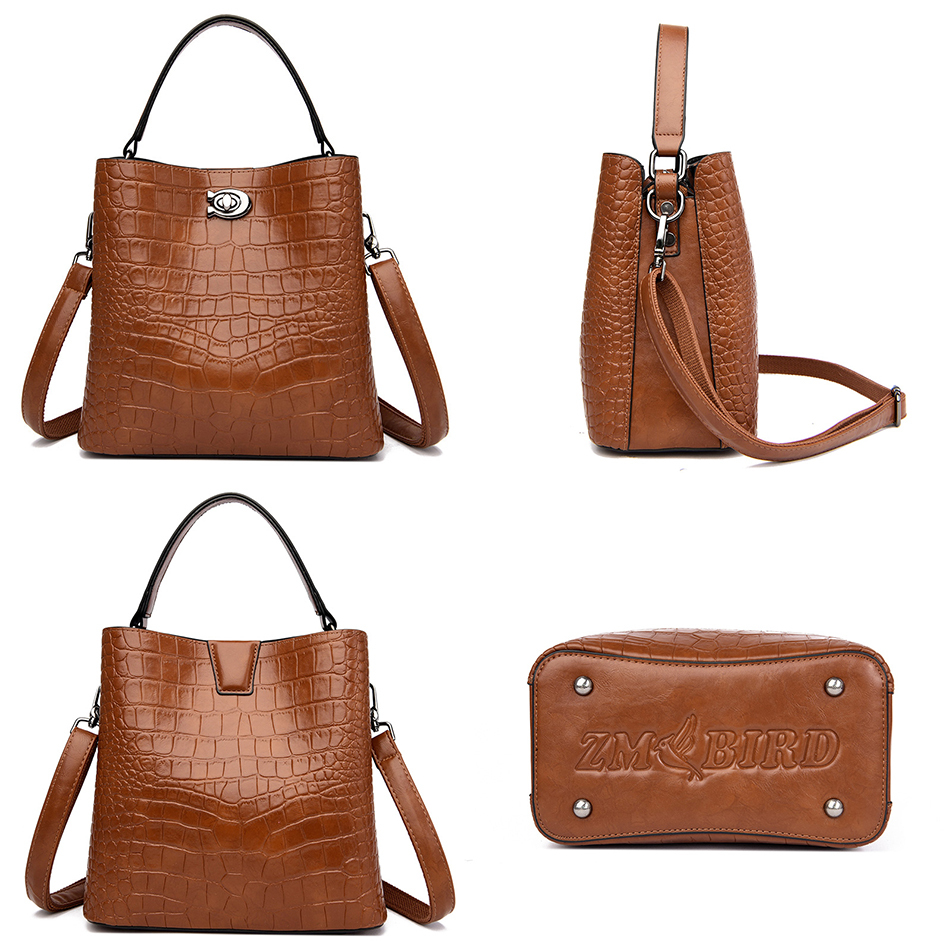 Retro Alligator Bucket Bags Women Crocodile Pattern Capacity Casual Oil Leather Shoulder Messenger Bags Ladies Handbag Purses