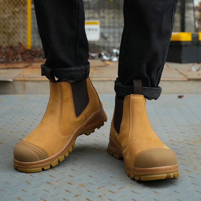 Luxury High-top Cowhide Boots Men's Safety Shoes Lace Free Steel Toe Anti Impact And Anti Puncture Wear Resistant Work Shoes