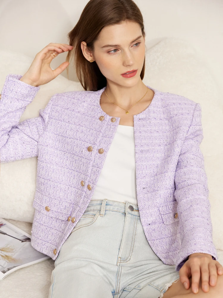 Amii Minimalist Jacket 2025 for new women 2023 Spring New Elegant Round Neck Straight Shoulder Light Tuxedo Short Coat Women 12321002