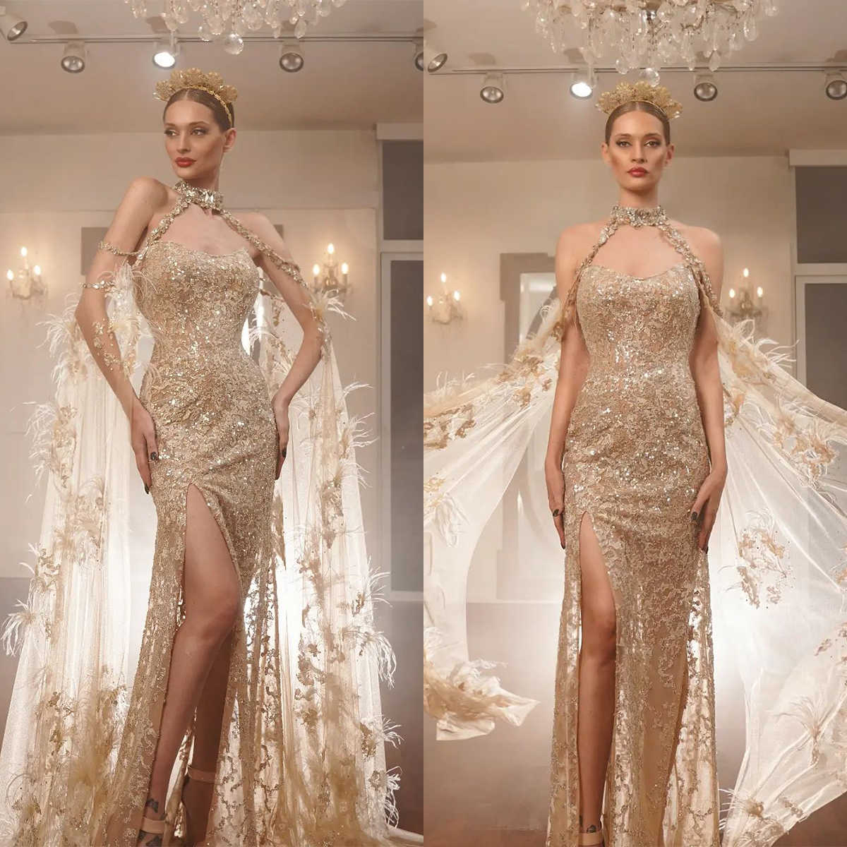 Sparkly Sequins Mermaid Wedding Dresses Strapless Bridal Gowns With Cape Crystal Feather Custom Made Sleeveless Vestido De Novia 0219