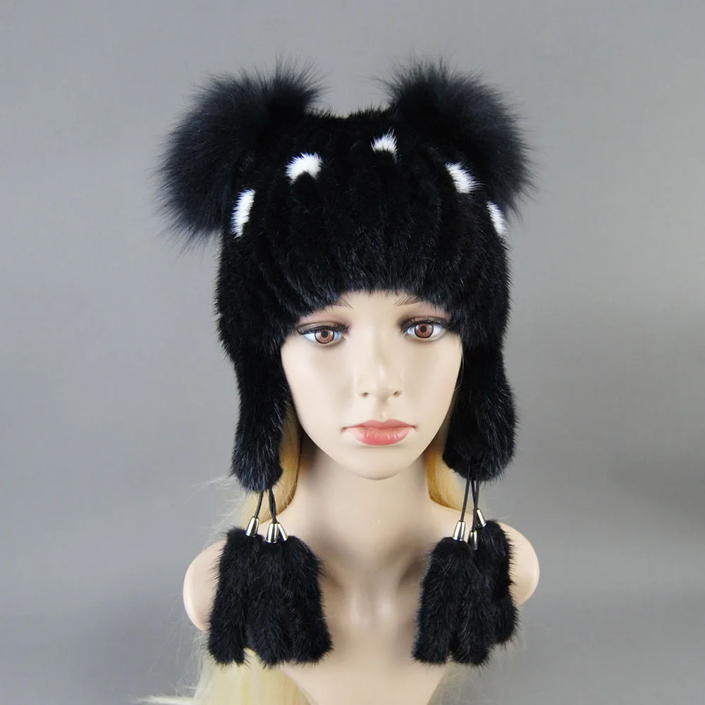 Winter Cap Women Warm Luxury Natural Mink Fur Hat With Ear Flaps For Girls Tail Earflap Bomber Loverboy Knitted Anime Cat Beanie